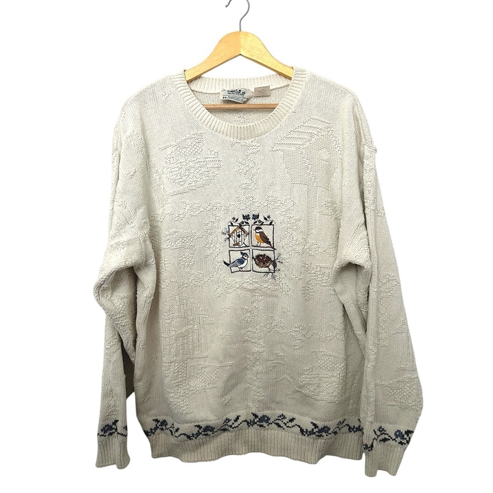 Vintage Northern Reflections Cream Knit Sweater Grandmacore Embroidered Birds